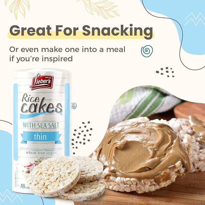 Lieber's Sea Salt Whole-Grain Brown Rice Cakes, Gluten Free, Vegan, 3-Pack | Dairy Free, Wheat Free and Kosher Certified, Crispy, Crunchy Snack with 60 Calories or Less per Cake for on-the-go Eating.