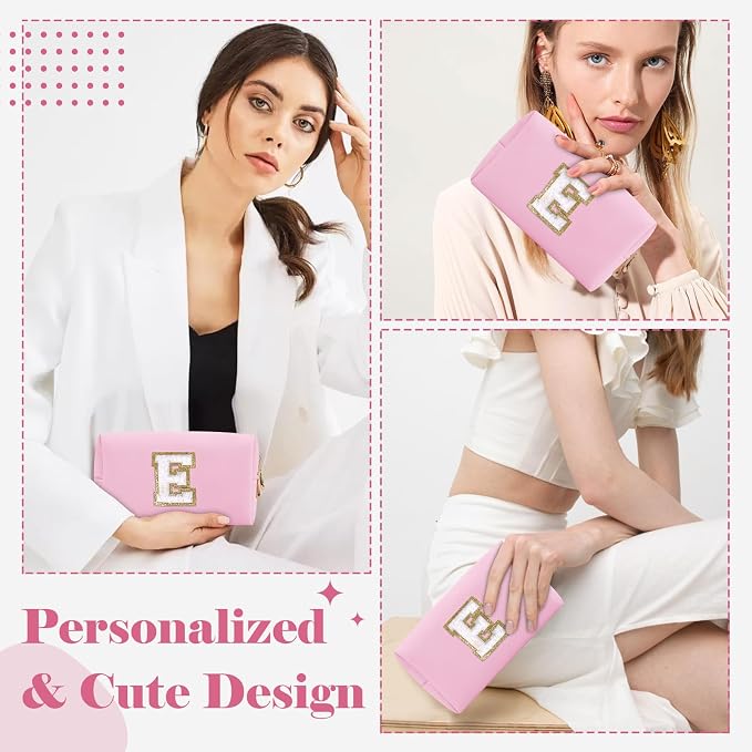 Personalized Initial A-Z Preppy Patch Makeup Bag,Small PU Chenille Letter Cosmetic Bag with Zipper for Teen Girls,Pink Cute Toiletry Organizer Bag,Monogram Makeup Case Gift for Women Girls,Letter E