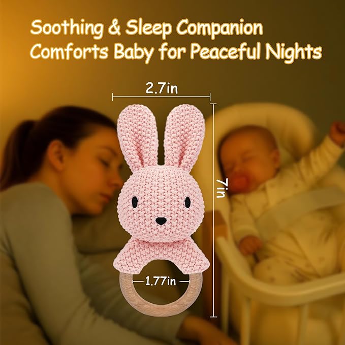 Baby Rattle Teether Bunny Pink Crochet Rabbit Toy for Baby Girl Handmade Knitted Easy Grip Wood Handle for Gum Relief Woodland Animal Plush Stuffed Easter Basket Shower Gift Newborn