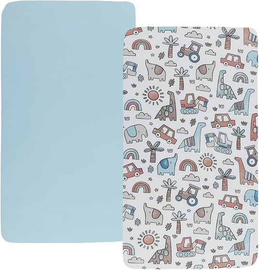 Pack n Play Sheet Stretchy Fitted Portable Mini Crib Sheets Set 2 Pack,Playard Sheets Convertible Playard Mattress Cover,Ultra Soft Jersey Material, Light Blue & Car