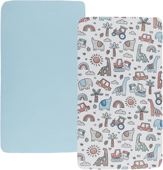 Stretchy Fitted Crib Sheets Set 2 Pack Portable Crib Mattress Topper for Baby Girl Boy,Ultra Soft Jersey Material, Light Blue & Car