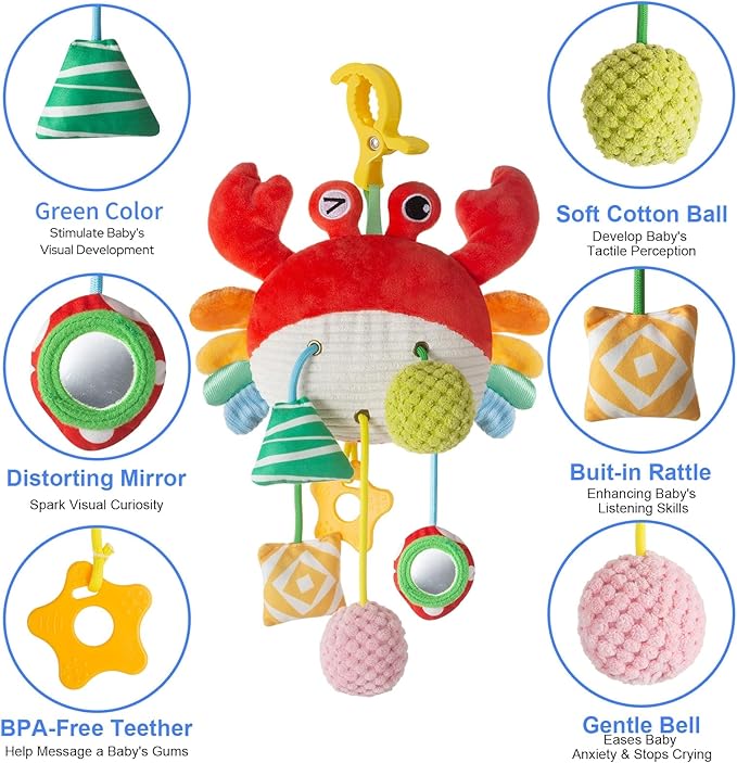 Car Seat Toy for Babies 0-6 Months, Stroller Toy with a Convenient Clip, Carseat Toys Hanging Baby Accessories,Built-in Bell, Rattle,Mirror for Infant,Babies Gift 0-3-6-12 Months Boy Girl
