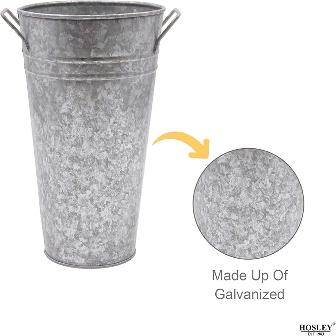 Hosley Set of 2 Galvanized Bucket/Pot Vase with PVC Liner, 5" Dia x 9" H Ideal Gift for Floral Arrangements Wedding Home Office Party DIY Indoor Outdoor Garden Patio