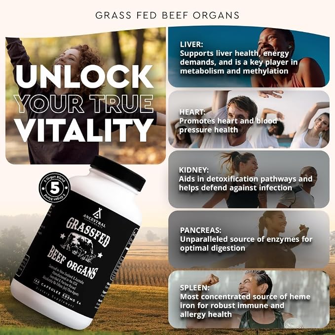 Ancestral Supplements Grass Fed Beef Organ Supplement, Supports Whole Body Wellness with Proprietary Blend of Liver, Heart, Kidney, Pancreas, Spleen, Freeze-Dried Beef, Non-GMO, 180 Capsules