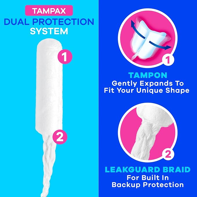 Tampax Starter Kit Multipack, with LeakGuard Braid, Regular/Super Absorbency, Easy First Tampon Trial, Unscented, 12 Count