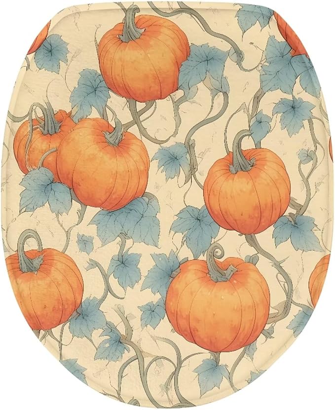 Pumpkin Vines Plush Toilet Seat Cover, Washable Elongated Oval Lid Protector, Beach Style Bathroom Decor Accessory