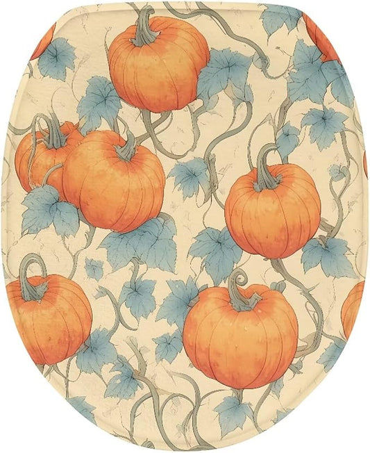 Pumpkin Vines Plush Toilet Seat Cover, Washable Elongated Oval Lid Protector, Beach Style Bathroom Decor Accessory