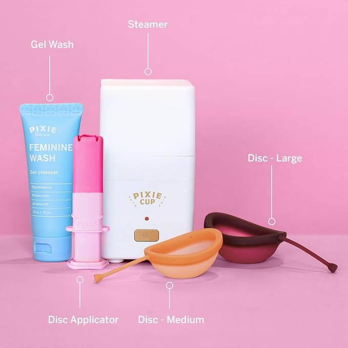 Pixie Menstrual Disc Collection - 2 Reusable Period Discs with Applicator, Sterilizer, Feminine Wash & Totes for Feminine Care, Tampon-Style Insertion - All-in-One Easy Period Solution