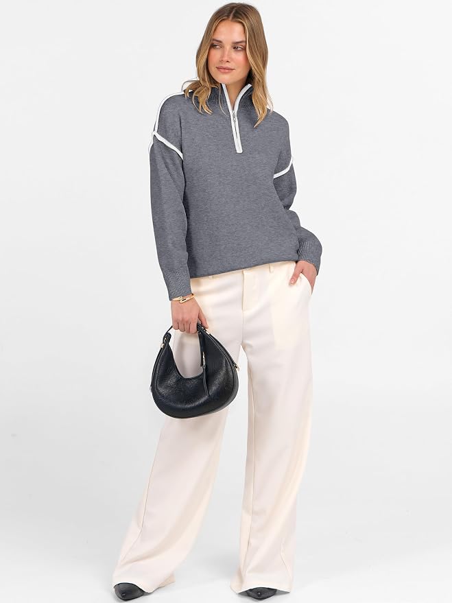 ANRABESS Womens Quarter Zip Sweaters Fall Long Sleeve V Neck Shirts Collared Business Casual Tops Knit Pullover Sweatshirts
