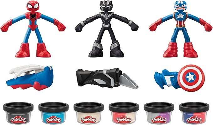 Play-Doh Marvel Hero Adventure Playset, 3 Marvel Action Figures with Wearable Tools, Black Panther, Captain America & Spider-Man Imagination Toys for Boys and Girls Ages 4 and Up