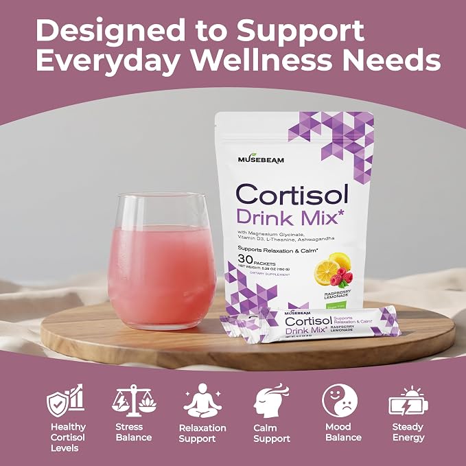 Musebeam Cortisol Calm Drink Powder Mix - Calming Stress Support Packets for Women Men with Ashwagandha Magnesium Glycinate - Relaxing Raspberry Lemonade Flavor for Healthy Cortisol Levels Relax Focus