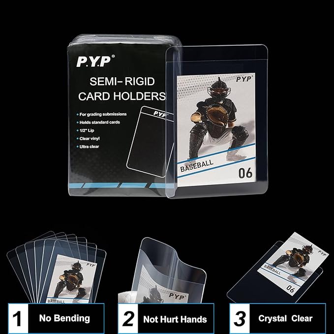 200ct Semi Rigid Card Holders - Card Sleeves for Trading Card with 1/2" Lip Sleeves Fit Standard Grading Cards Baseball Cards for Graded Card Submittions