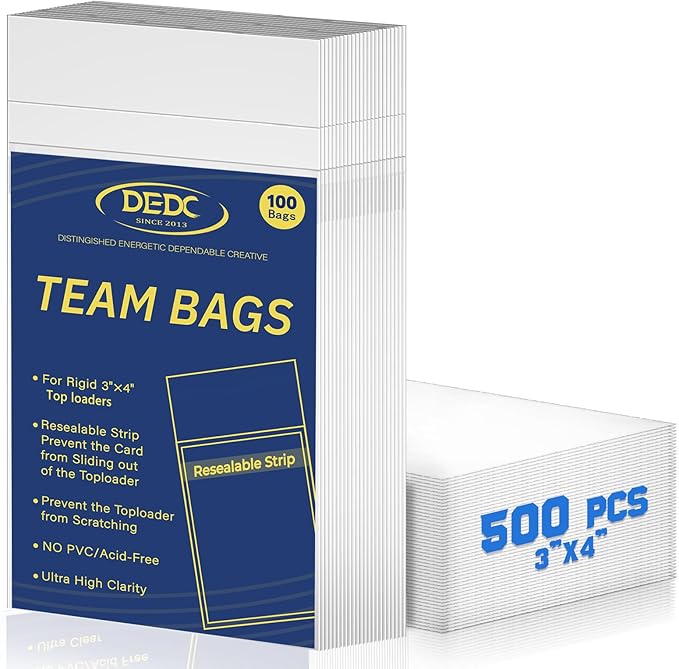 DEDC 500 Pcs Resealable Team Bags for Card Sleeves Set with Bottom Adhesive Strip Clear Cards Sleeve for Top Loaders & Raw Cards Thick Trading Card Protectors for Long-Term Storage & Display