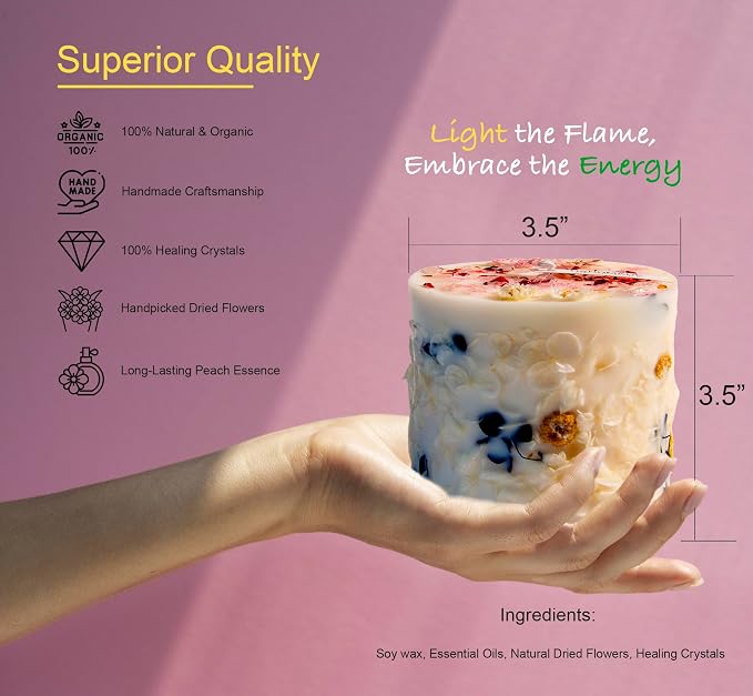 Botanical Crystal Candle, Organic Natural Dried Flowers, Aromatherapy, Peach Scented Fragrance, Meditation, Manifestation, Intention, Long Lasting Candles, Christmas, Mother’s Day, Gift for Woman