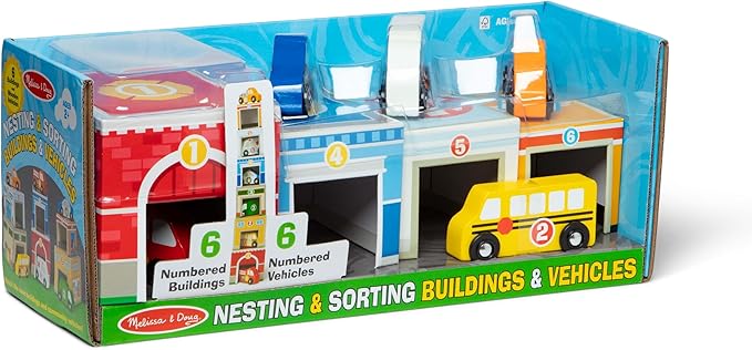 Melissa & Doug Nesting and Sorting Blocks - 6 Buildings, 6 Wooden Vehicles - FSC Certified