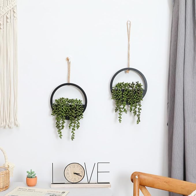 2pcs Artificial Succulents Hanging Plants 20.1'' Fake String of Pearls in Pot with 9.4'' Lanyard for Indoor Outdoor Wall Decor (Black)