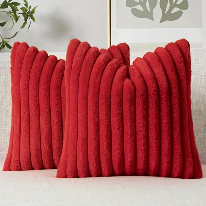 MIULEE Faux Fur Decorative Throw Pillow Covers 18x18 Set of 2 Red | Modern Soft Plush Couch Pillows, Cozy Fluffy Cushion Covers for Sofa Bed Living Room Home Decor