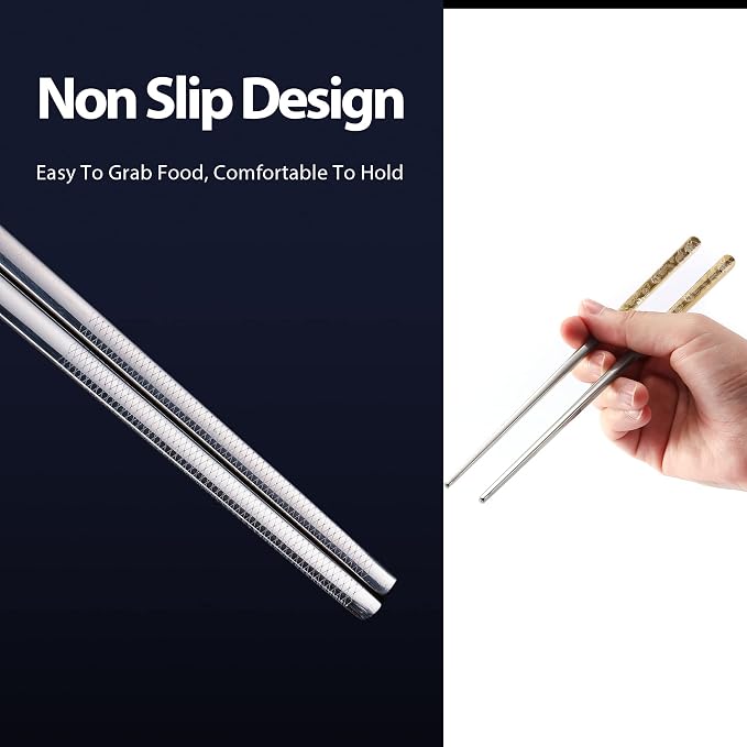 Hagary Dragon Chopsticks Metal Reusable Designed In Korea Japanese Style Stainless Steel 316 18/10 Non-Slip Dishwasher Safe Laser Etched (Gold - 5 Pairs)