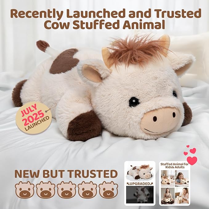 Weighted Stuffed Animals with Microwavable Heating Pad - 5lb Adjustable, Heatable & Coolable Cow Plush for Relaxation, Removable Inner Pad, Perfect Plush Gift for Kids, Adults (23 Inch)