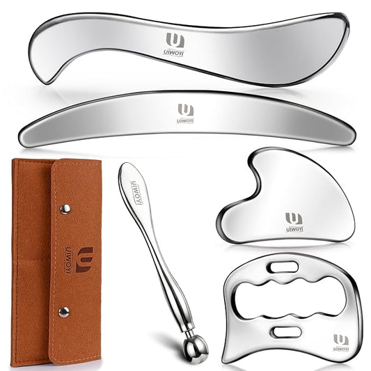 5 in 1 304 Stainless Steel Gua Sha Tools Set, Premium Facial & Full Body Scraping Massage Kit with Zinc Alloy Eye Massage Roller and Storage Pouch for Home Gym Daily Self Care