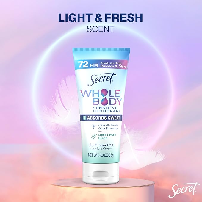Secret Whole Body Deodorant Dry Feel Cream + Absorbs Sweat for Women, Light & Fresh Scent, Aluminum Free Deodorant, 72 HR Odor Protection, 3.0 oz