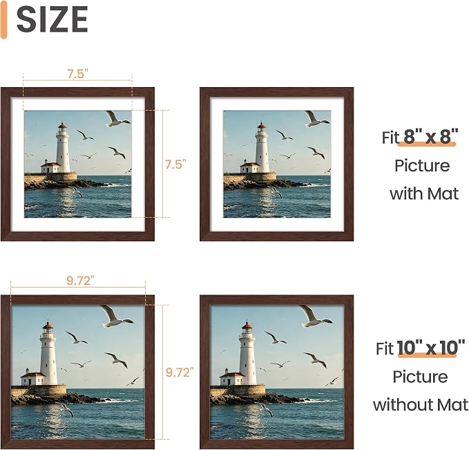 upsimples 10x10 Picture Frame, Display Pictures 8x8 with Mat or 10 x 10 Without, Wall Hanging Square Frames, Brown, 1 Pack