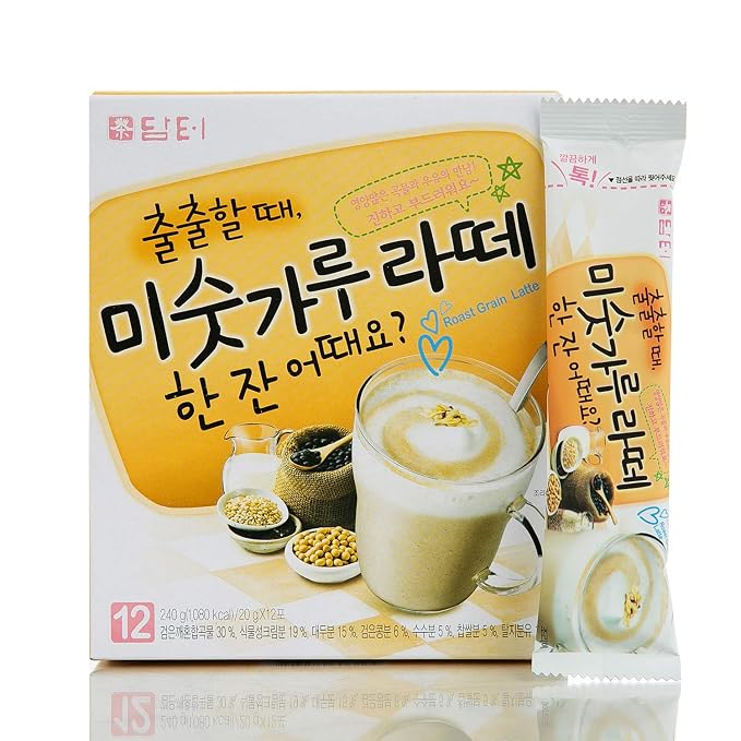 Damtuh Roast Grain Latte 20g x 12 Sticks – Korean Misugaru Latte Powder, Nutty Multigrain Instant Drink Mix, Naturally Caffeine-Free
