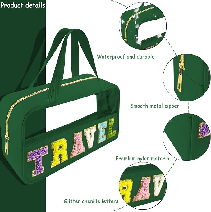 Bunliuys Chenille Letter Clear Makeup Bag Travel Patch, Travel Toiletry Makeup Bag with Handle, Nylon Waterproof Makeup Bags clear cosmetic bag, preppy patch makeup bag for Women (TRAVEL-Dark Green)