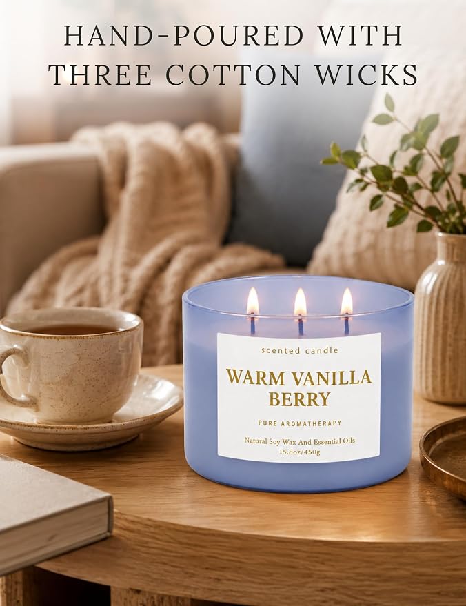 Warm Vanilla Berry 3-Wick Soy Candle, 15.8 oz Scented Candle for Home | Strawberry, Raspberry & Spice, Aromatherapy Relaxing, Highly Scented, Clean Burn, Summer & Fall Candle, Gift for Women & Men