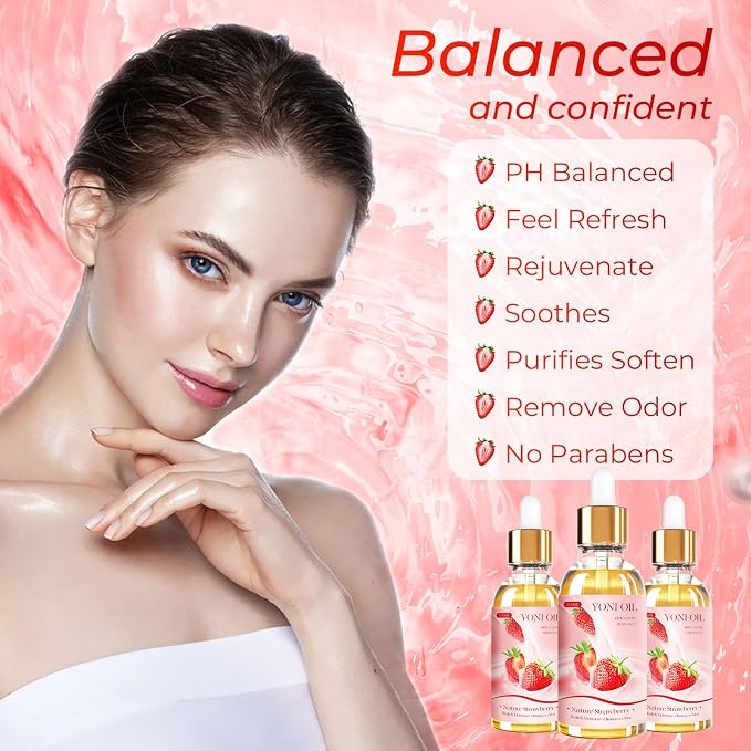 BASSI 3PCS Yoni Oil Organic Feminine Oil Vaginal Moisturizer - Ph Balance for Women - Eliminates Odor Feminine Deodorant - Soothes Ingrown Hair with Strawberry Peach Apple Essential Oil, 1 fl oz/pc