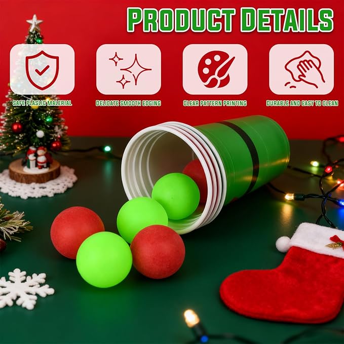 60 PCS Christmas Cup Pong Game Set - 16 Oz Red & Green Plastic Party Cups with 10 Red&Green Balls for Holiday Party Games, Family Gatherings, Christmas Party Supplies