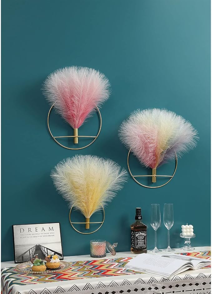 Pretty Jolly Boho Pampas Wall Decor Gold Metal Wall-Mounted Art | Morden Artificial Greenery Display，2 Pack Hanging Planter For Living Room, Bedroom, Bathroom, Dining room