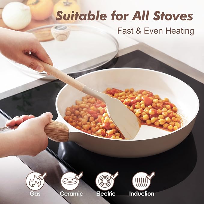 SENSARTE 8inch Ceramic Nonstick Frying Pan Skillet with Lid, Taupe | Non Stick Omelet Pans, Non-toxic Healthy Kitchen Cooking Chefs Pan, PFOA/PFAS/PTFE Free, Induction Compatible
