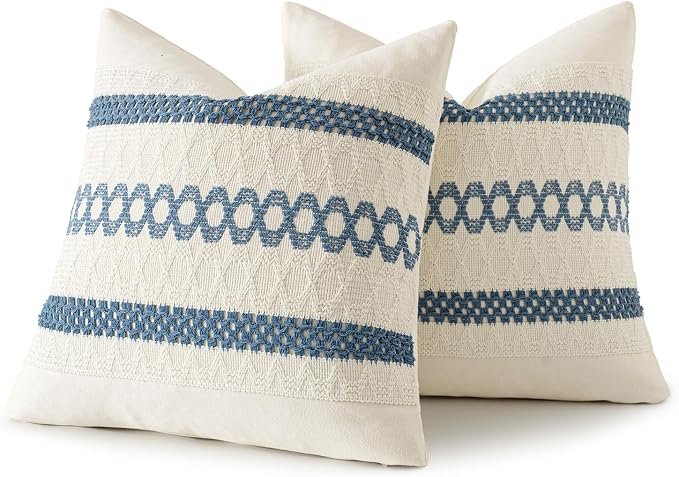 MIULEE Set of 2 Coastal Blue Boho Decorative Pillow Covers 20x20 Inch | Farmhouse Couch Throw Pillows, Modern Cotton Cushion Covers, Macrame Woven Spring Decor for Bed Sofa Chair