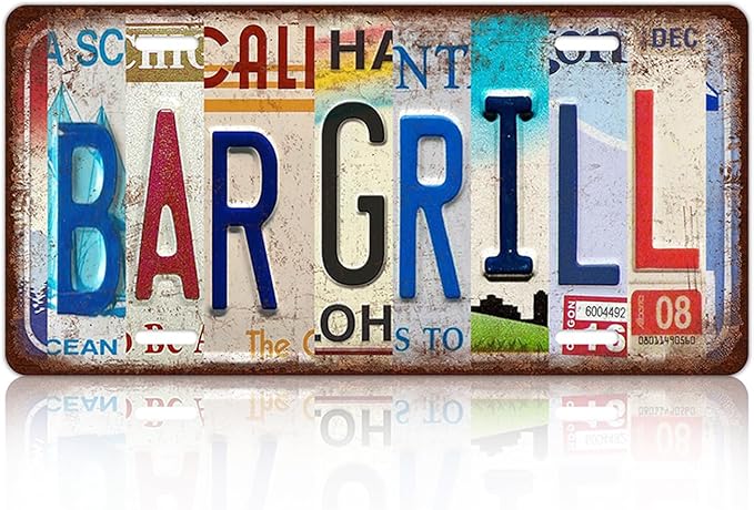 Vintage Bar Grill License Plate Wall Decor Bar Metal Tin Sign 12 x 6 Inches