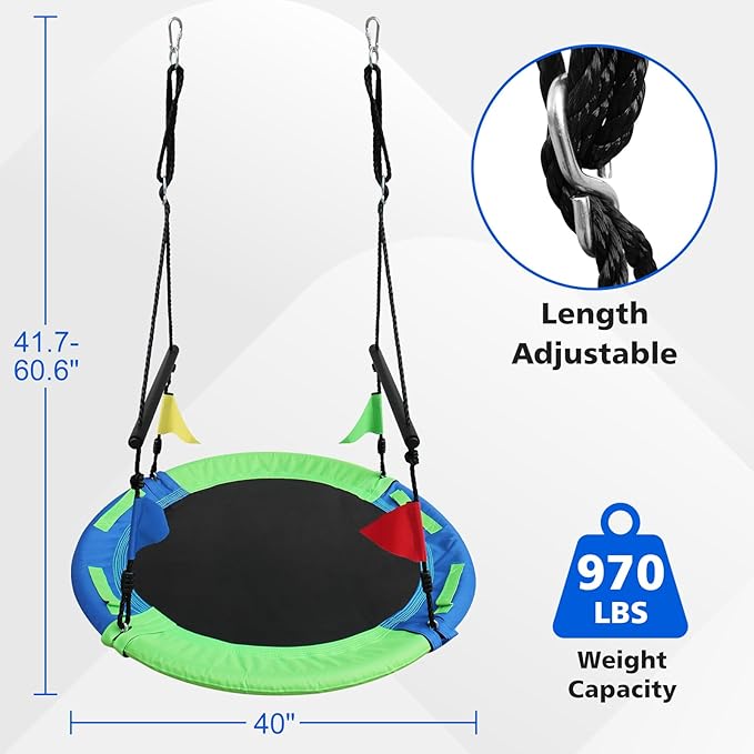 40 Inch Saucer Tree Swing for Kids Adults - 900Lb Weight Capacity, 900D Waterproof Oxford Fabric Platform Swing Seat with Safety bar and Adjustable Hanging Straps for Backyard or Outdoor Playground