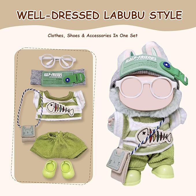 17cm Doll Clothes Set (6-Pcs Outfit), Stylish Clothing for Bunny Doll with Top, Pants, Shoes & Accessories, Just Clothes