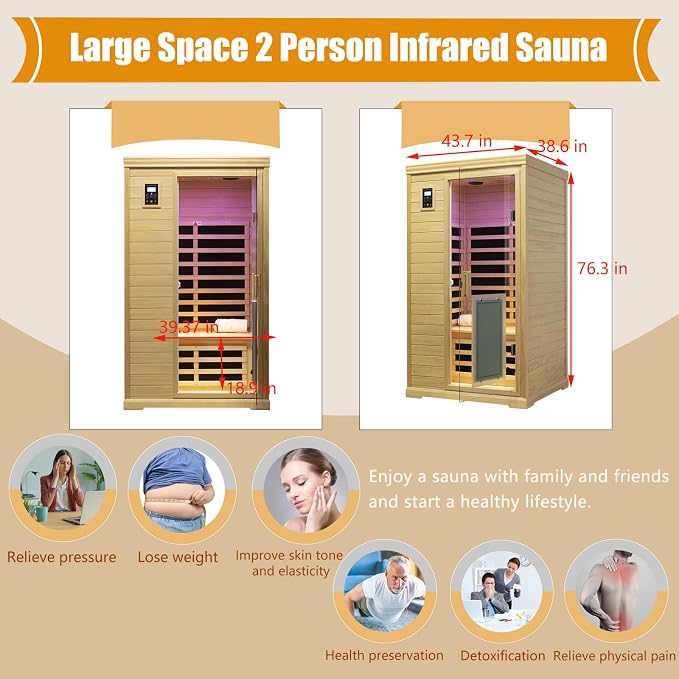 Kanlanth Far Infrared Wooden Sauna Room, 2 Person Home Sauna, Canadian Hemlock Indoor Sauna Spa, 9 Low EMF Heaters,1,750watt, 2 Chromotherapy Lights, 2 Bluetooth Speakers, 1 LED Reading Lamp