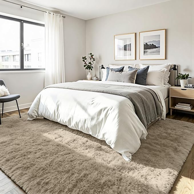 5x8 Area Rug for Living Room, Ultra Soft Fluffy Grey Camel Rugs for Bedroom, Non Slip Large Shag Carpet, Fuzzy Plush Nursery Rug, Thick Washable Indoor Floor Carpets for Kids Office Dorm Home Decor