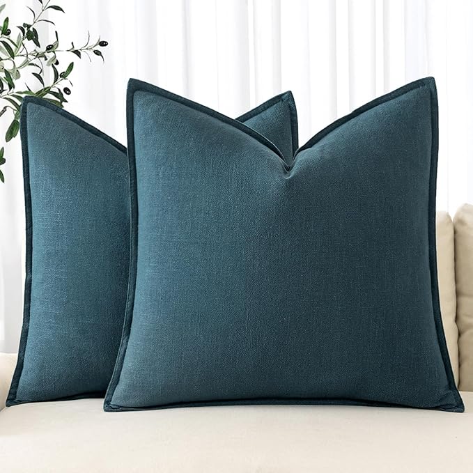 MIULEE Decorative Linen Pillow Covers 20x20 Inch Blue | Boho Farmhouse Neutral Couch Throw Pillows for Bed, Pack of 2 Accent Coastal Modern Pillowcases, Sofa Livingroom Home Decor
