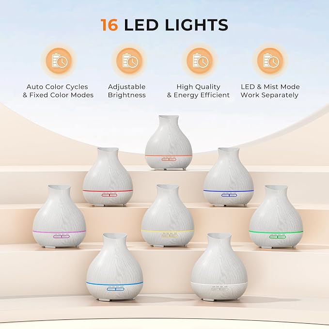 Aromatherapy Essential Oil Diffuser 550ml 12 Hours White Wood Grain Aroma Diffuser with Timer for Large Room, Home, Baby Bedroom, Waterless Auto Shut-Off, 7 Colors Lights Changing