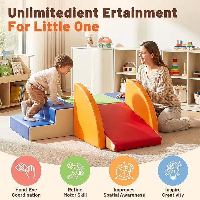 TODIBY 6-Piece Soft PU Leather Toddlers Climbing Toys (XL Size), Baby Foam Climbing Blocks, Extra Large Foam Play Gym Climber Structures for Toddler 3, Indoor Climb and Crawl Activity Play Set