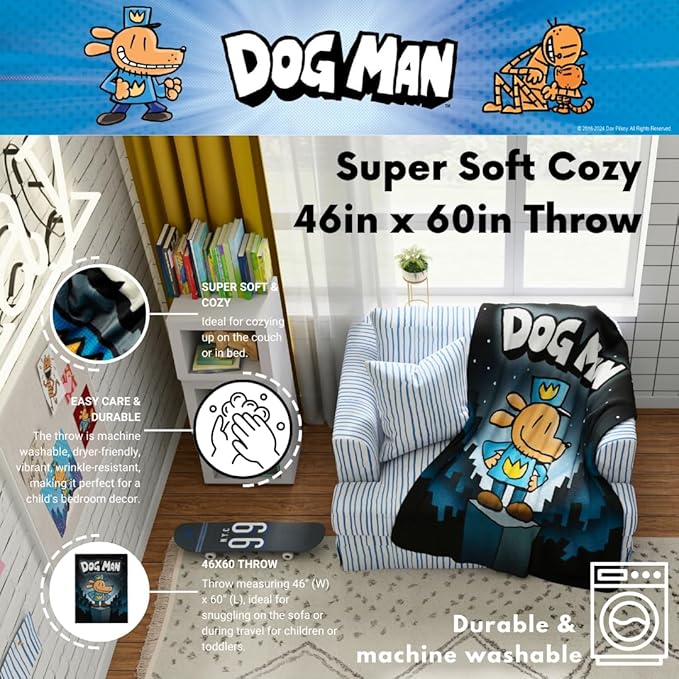 Franco Dog Man Supa Book Kids Bedding Super Soft Cozy Plush Throw, 46 in x 60 in, (Officially Licensed Product)