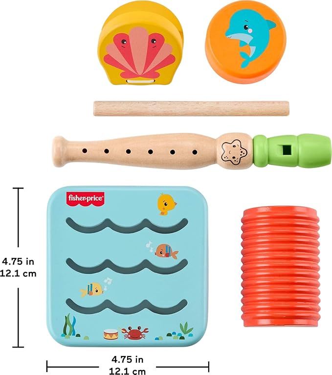 Fisher-Price Wood Toddler Toys Ocean Musical Instruments Set, 6 Wooden Pieces for Creative Play Preschool Kids Ages 2+ Years