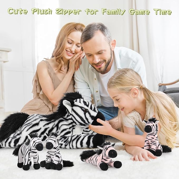 Tezituor 5-in-1 Zebra Stuffed Animals Family Set, 25 inch Realistic Mommy Stuffed Zebra with 4 Cute Babies, Large Black and White Horse Plush Pillow for Boys Girls