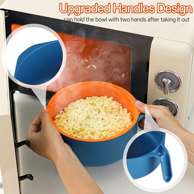 MEACOLIA Jumbo 50 oz Microwave Ramen Cooker Bowl | with Lid & Drain Strainer, Spill-Free, Rapid Noodle Pasta Cooker, College Dorm Essentials for Girls Guys, Apartment Friendly