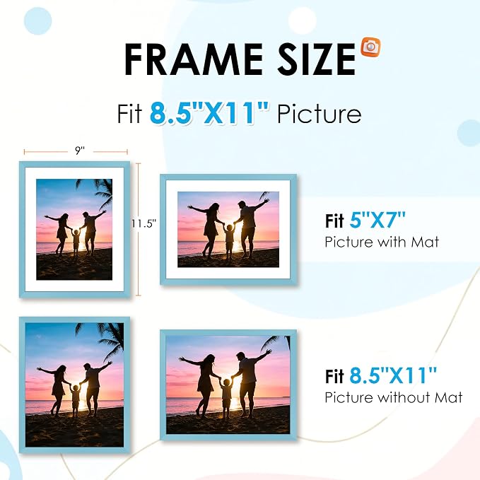 FIXSMITH 8.5x11 Picture Frame Set of 2, Blue Photo Frame with HD Plexiglass, Display Pictures 6x8 with Mat or 8.5x11 Without Mat, Black Picture Frames Collage Wall Decor, Gallery Wall Frame