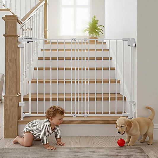 Mumeasy 29.5-43.3" Baby Gate for Stairs, No Bottom Bar Dog Gate with Removable Door & Slide-Adjust Drill Mount, Extra Wide Stairway & Hallway Walk Thru Pet Safety Gate for Doorways, Kitchen (White)