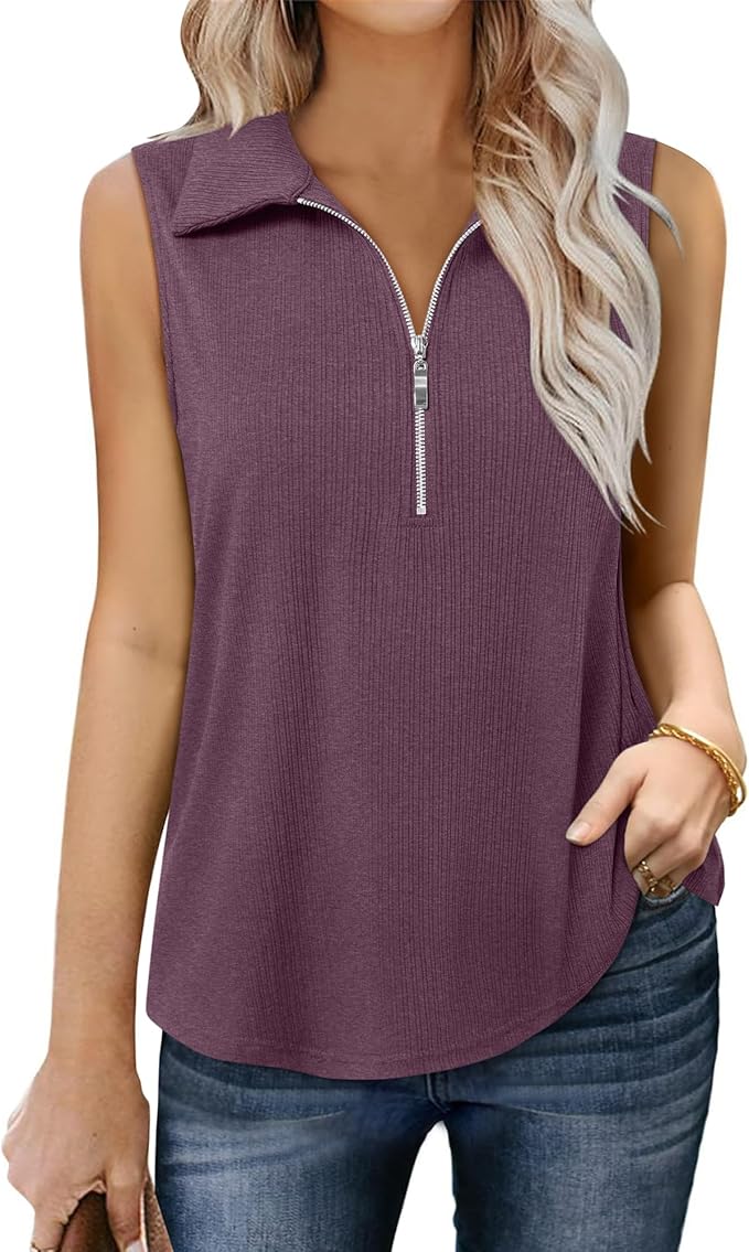 Vivilli Womens Ribbed Tank Top Zipper V Neck Dressy Casual Blouses Sleeveless Camisole Tops Work Tank Polo Shirts