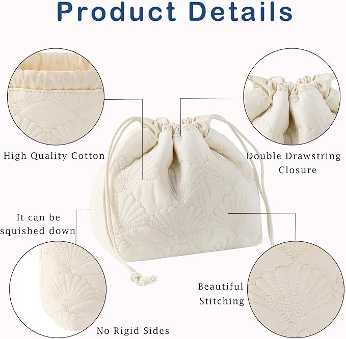 uekeboag White Shells Drawstring Quilted Cotton Makeup Pouch,Coquette Quilted Toiletry Bag for Women and Girls, Floral Coquette Organizer Bag, Aesthetic Travel Cosmetic Bags(White Shells Drawstring)